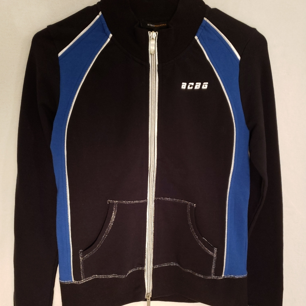 NWT BCBG BLACK+COBALT+SILVER ZIP ACTIVE JACKET